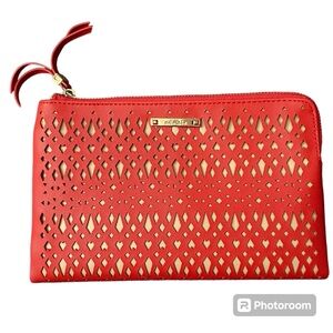 Stella & Dot Coral Red Laser Cut Double Zippered Pocket Clutch Bag